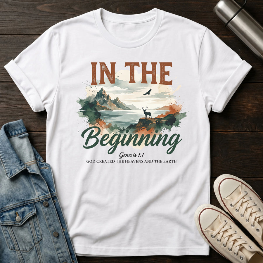 White — In The Beginning God T-Shirt