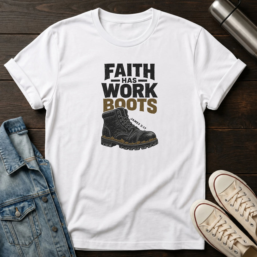 White — Faith has Work Boots T-Shirt